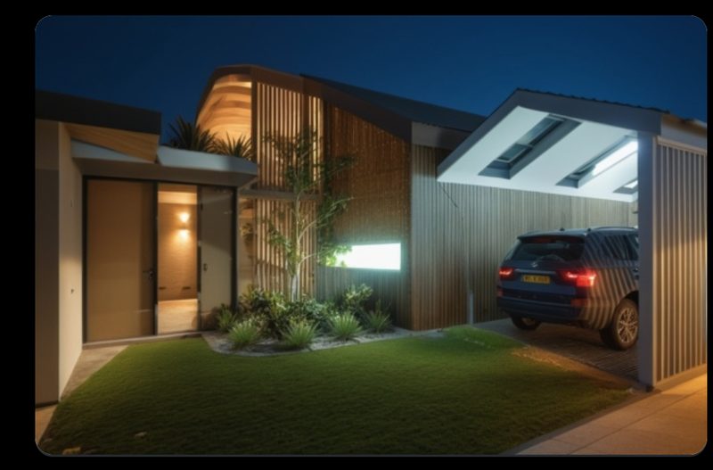 A contemporary timber-clad house at dusk, with a lit entry, a planted front garden and a carport