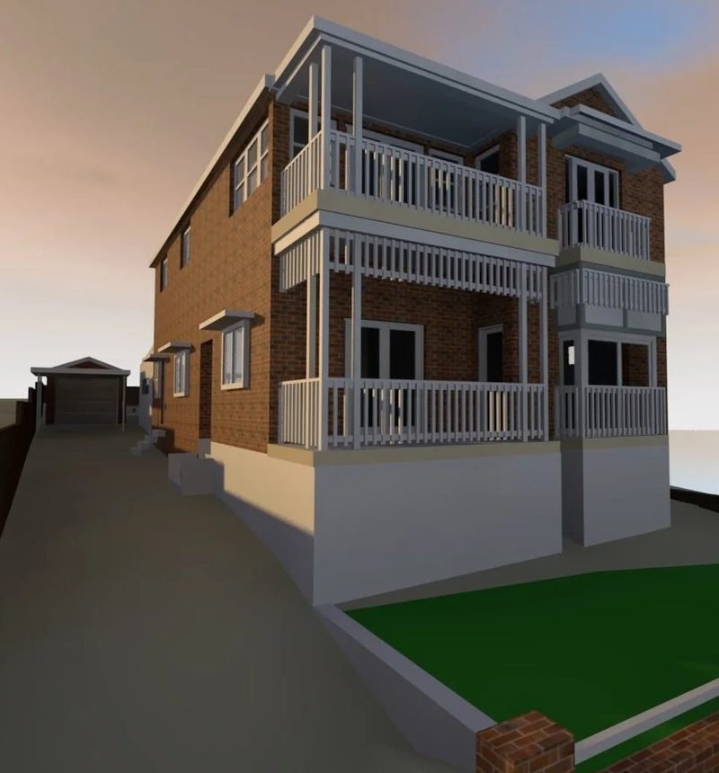An example of the early-stage design modelling we present to clients, to give them an idea of how their building will look and even feel. At the front, new, safer handrails, taller doors with new sidelights, and bay windows added to embrace the water and park views.