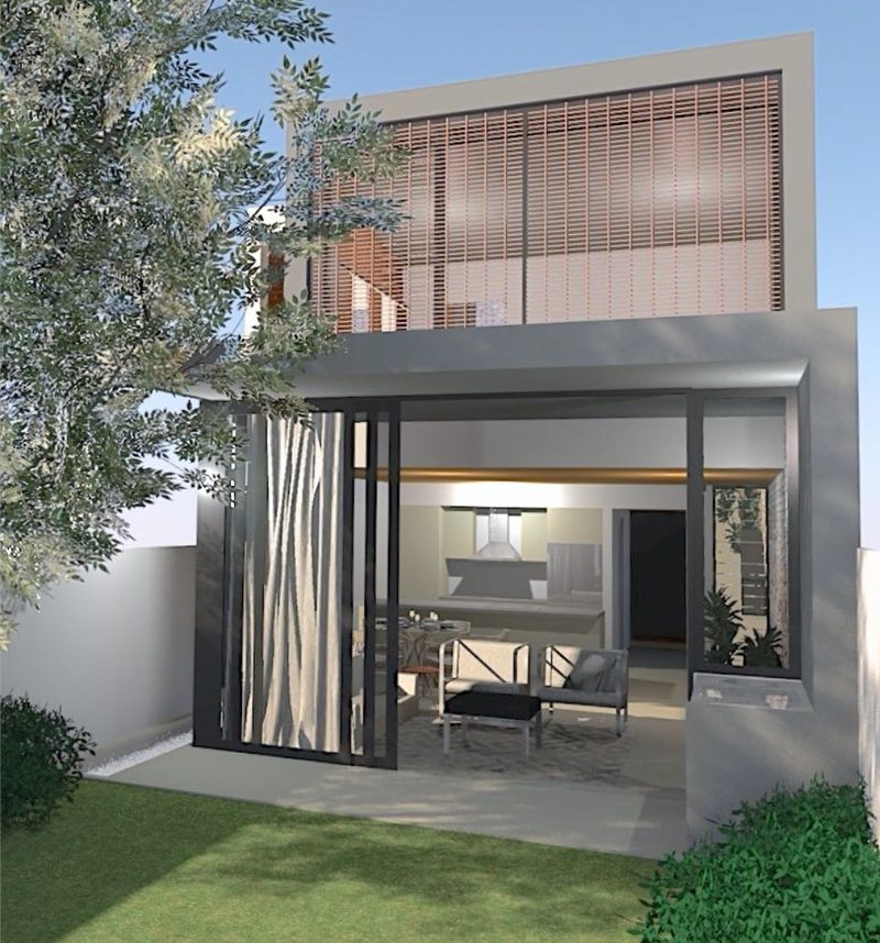 Greg's 3D design model of a two-storey rear extension in Dulwich Hill, with glass doors opening to the garden