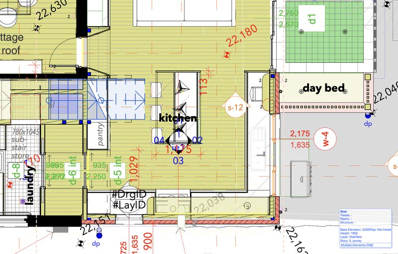 Part of a working floor plan: kitchen, pantry, laundry, stair and a day bed, with dimensions and levels marked