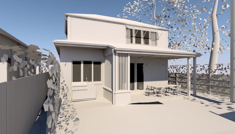 A 3D design model of a two-storey rear addition, with a covered outdoor dining area